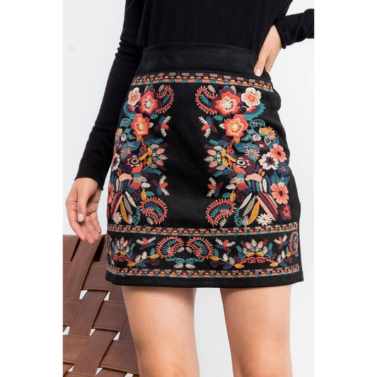 Black Suede Knit Skirt with Colorful Embroidered Detail: BLACK