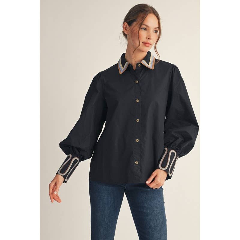 Embroidery Accent Shirt: BLACK
