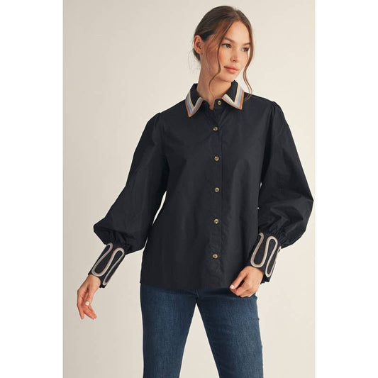 Embroidery Accent Shirt: BLACK