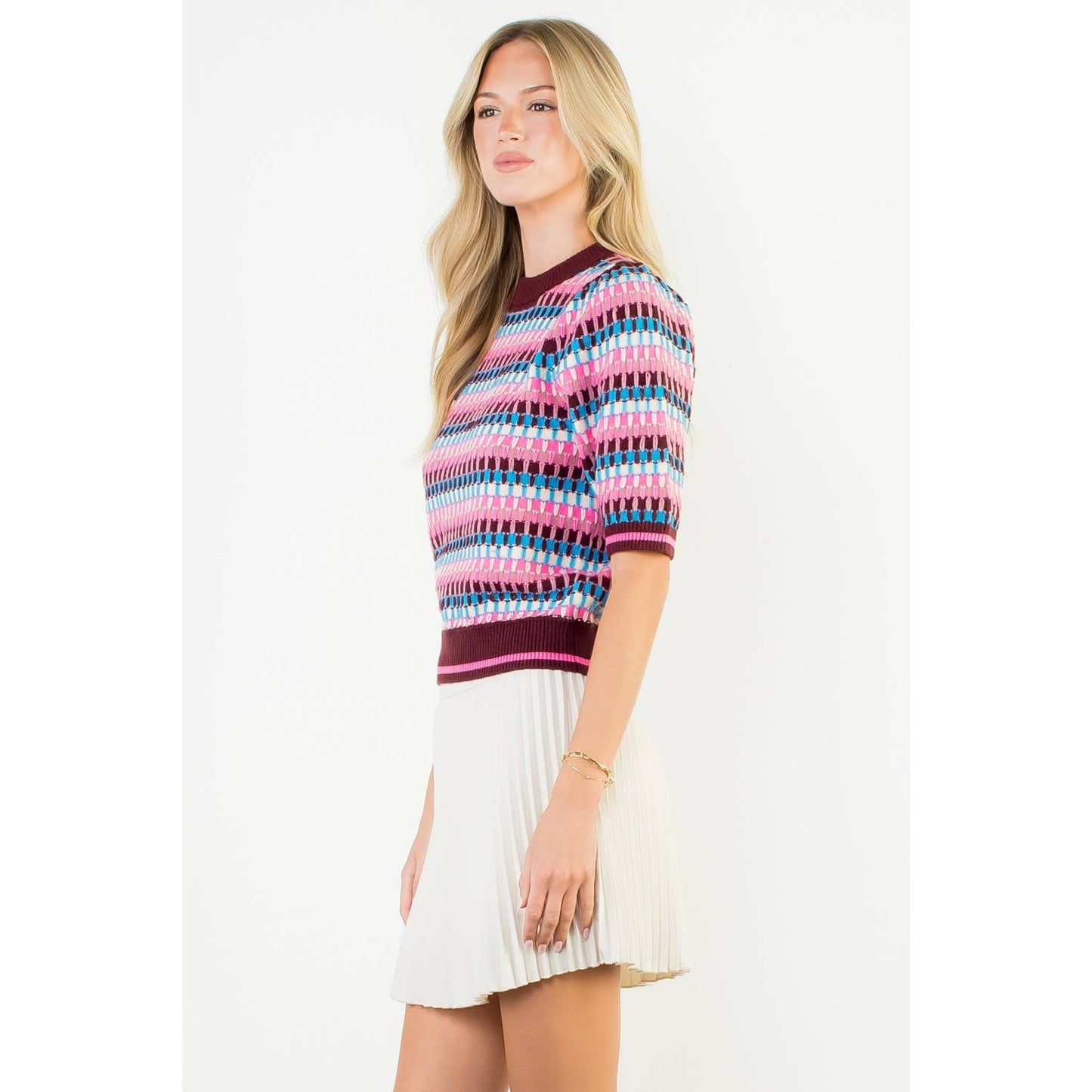 Short Sleeve Multi Color Knit Top