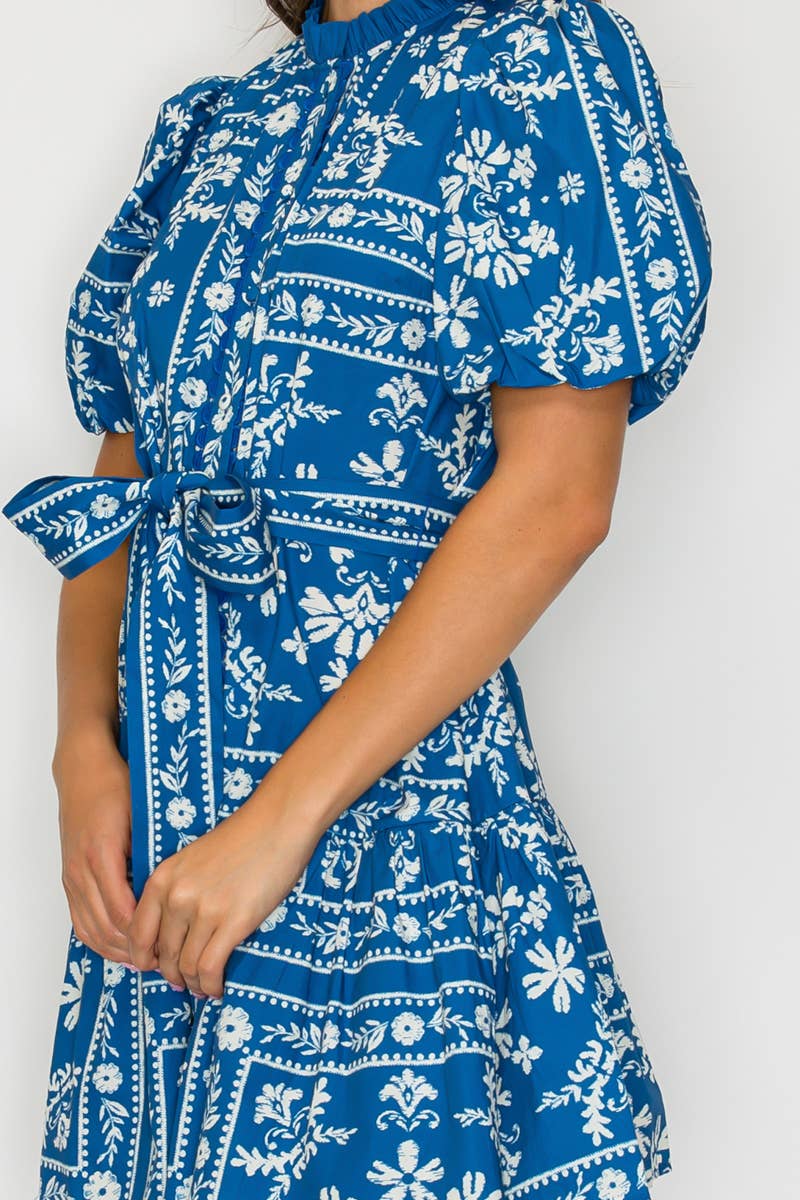 Denim Blue Bandana Print Cotton Mini Dress