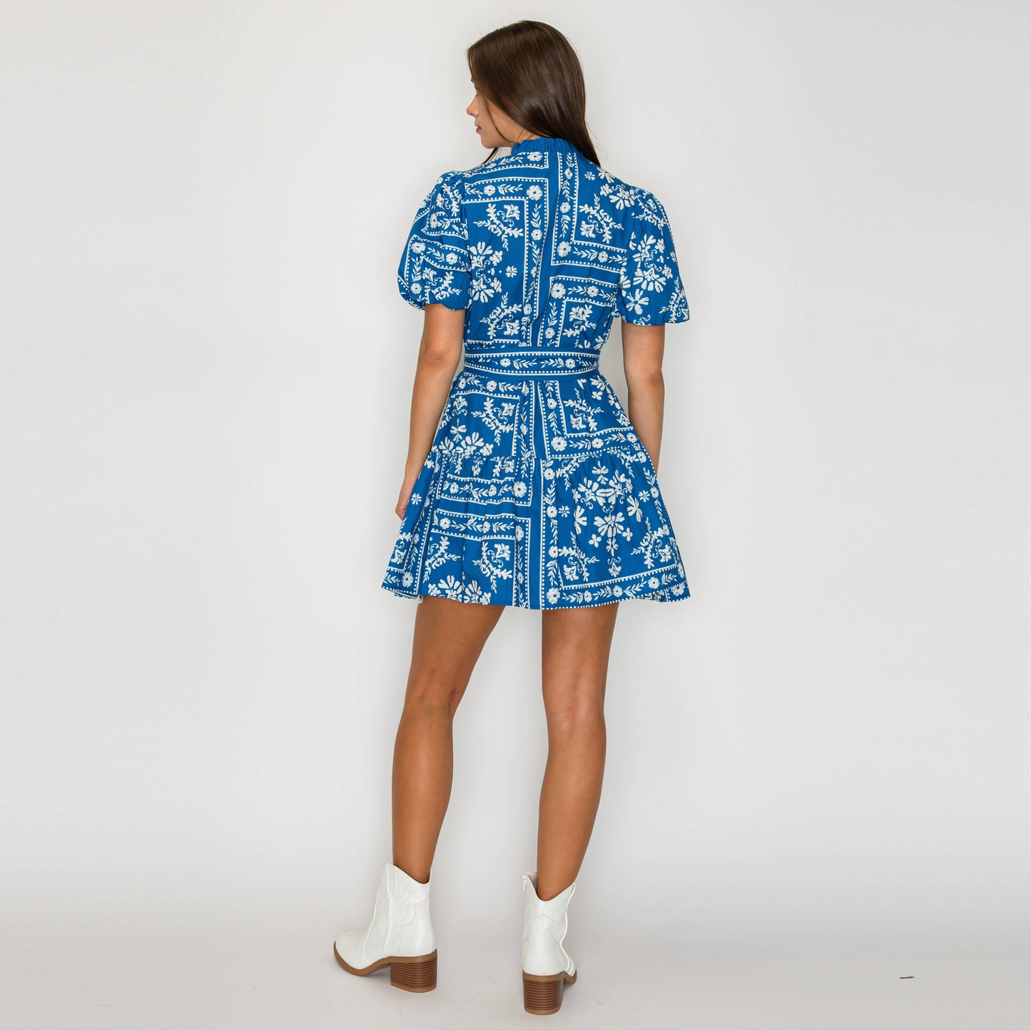 Denim Blue Bandana Print Cotton Mini Dress