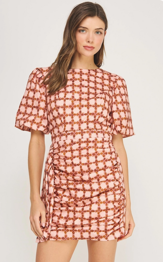 Ruched Mini Dress in Chainlink Print