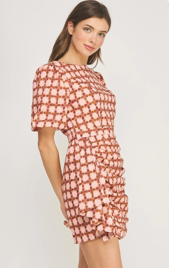 Ruched Mini Dress in Chainlink Print